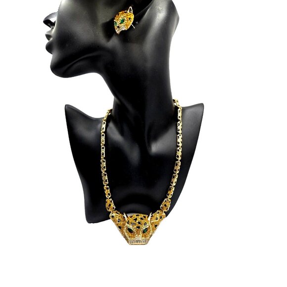 Vintage Golden Leopard necklace and pierced earrings set Emerald Green eyes 20" - Picture 1 of 10